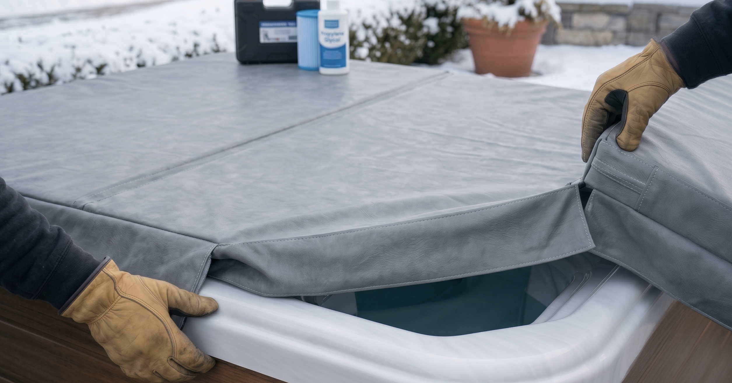 Technician installing a new hot tub cover