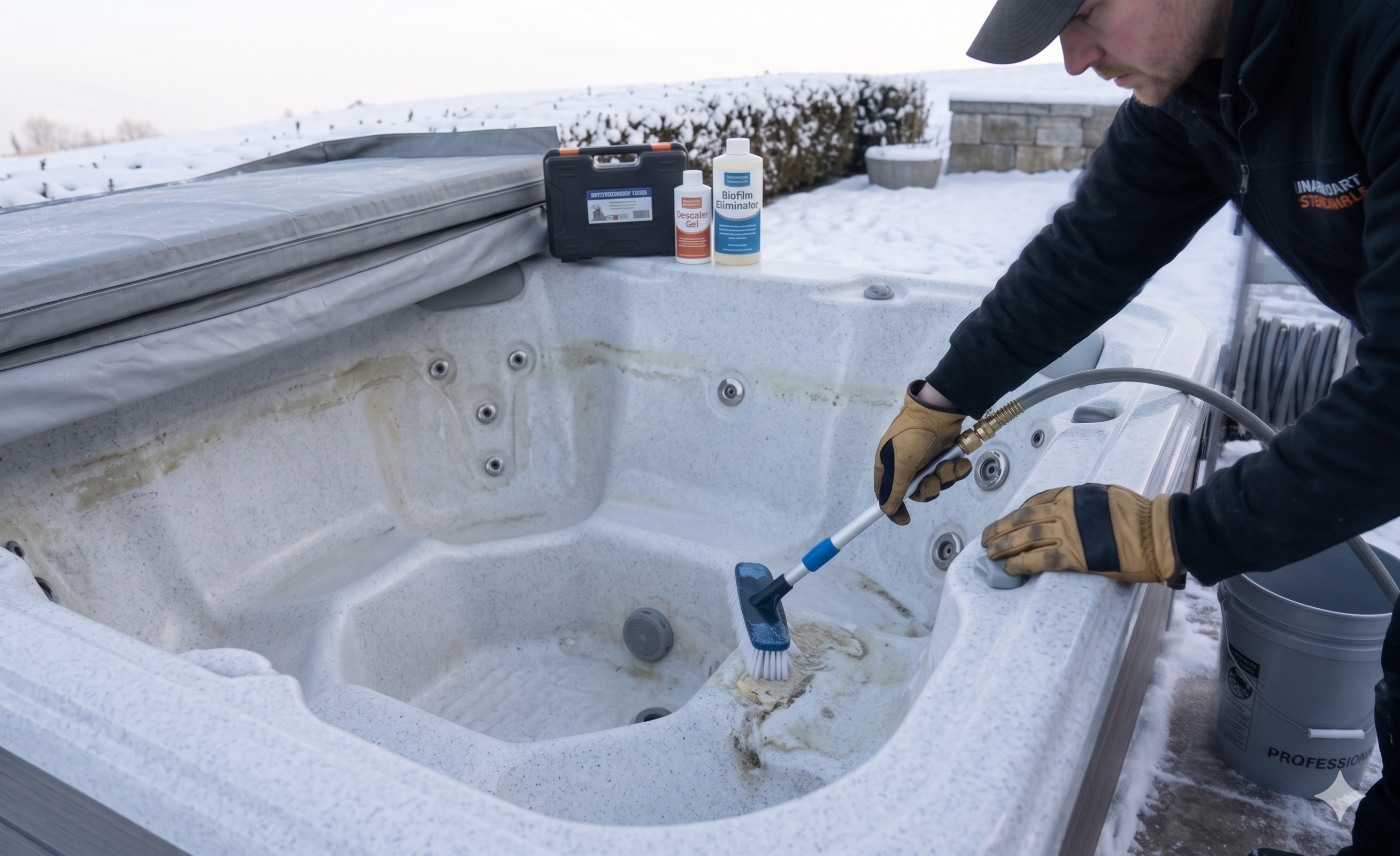 Technician scrubbing and cleaning a hot tub