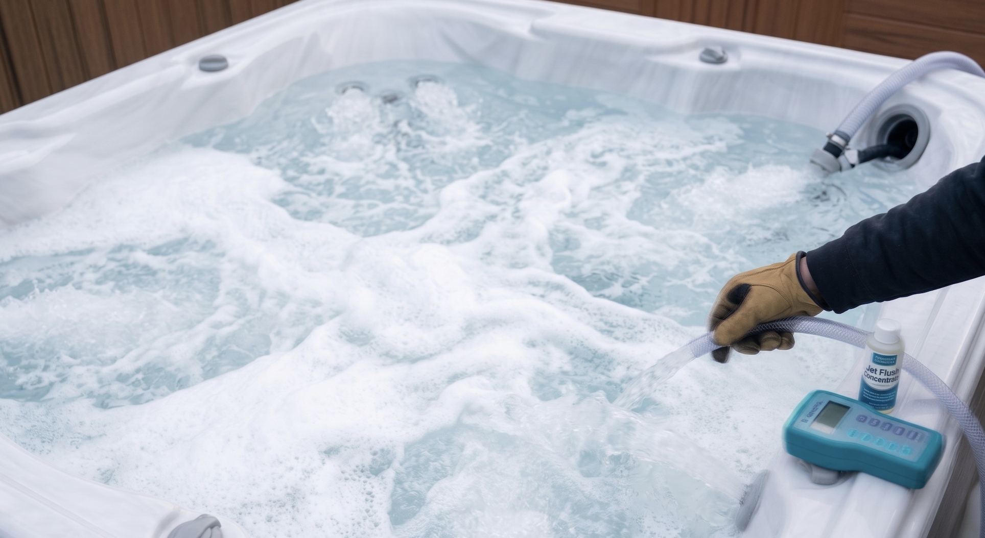 Flushing hot tub lines with foamy cleanser